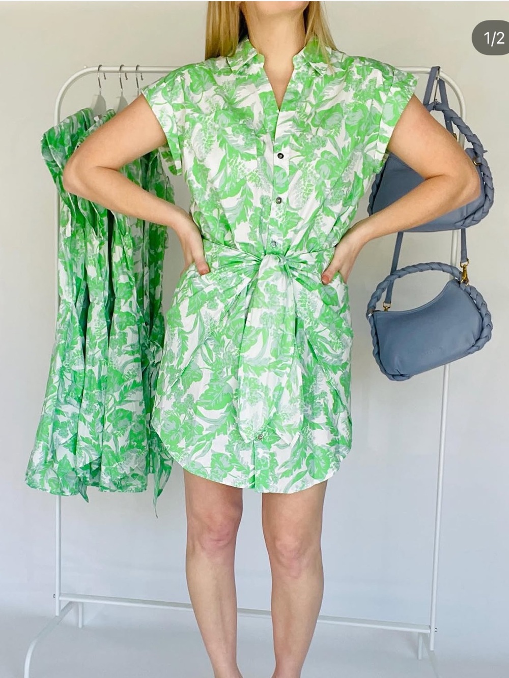 Olivaceous Green Floral Mini Shirt Dress